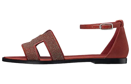 HERMES Santorini Leather One Strap Sandals Women's Burgundy