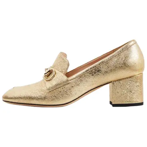 GUCCI Horsebit Leather Chunky Heel High Heels 5.5cm Women's Gold