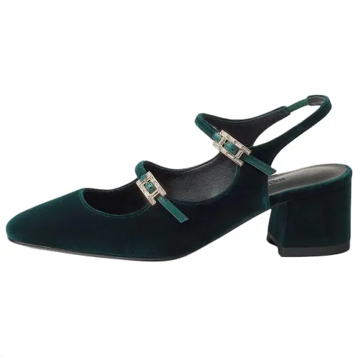 HERMES Jackie Suede Chunky Heel Mary Jane Shoes 5CM Women's Jasper