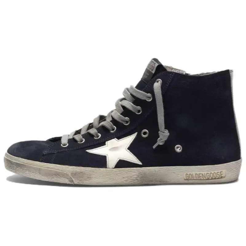 Golden Goose Cow Leather Distressed High top Skateboard Shoes Men's Dark Blue
