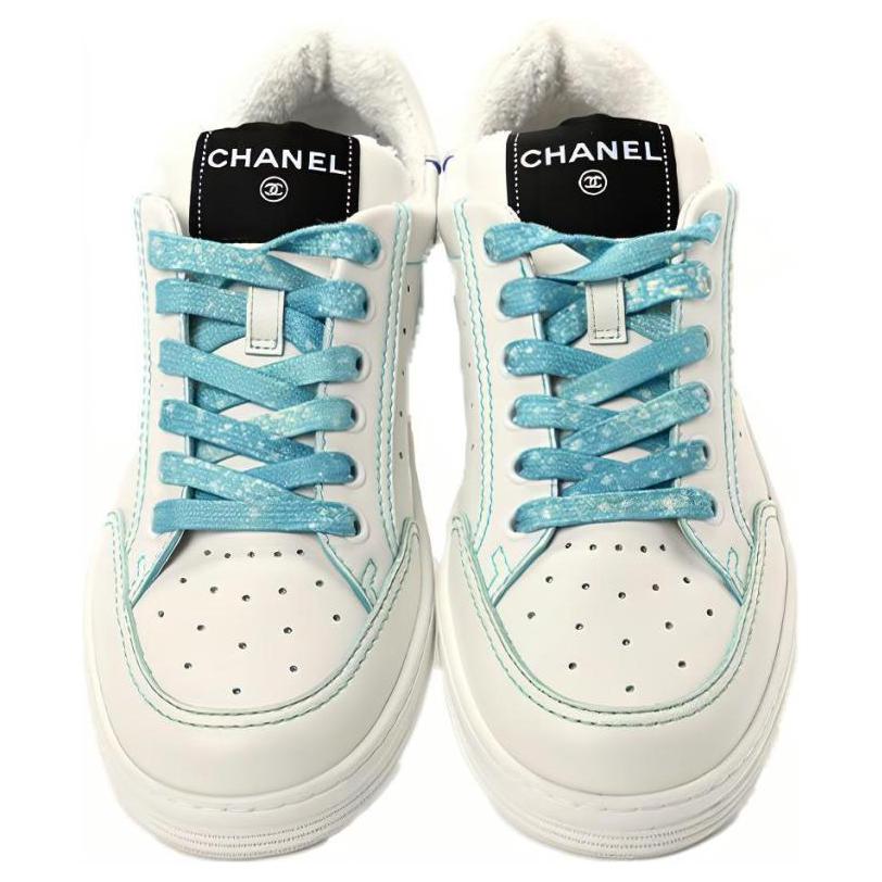 CHANEL Low Top Cow Leather Stylish Skateboarding Shoes Women's White Blue