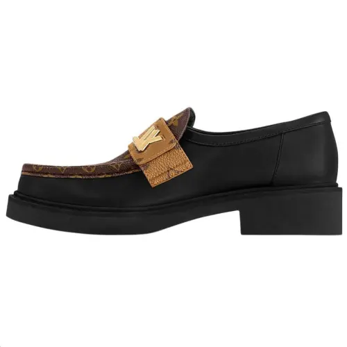 LOUIS VUITTON Academy Cow Leather Loafers Women's Black Brown