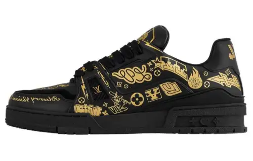 LOUIS VUITTON Trainer Leather Low top Skateboard Shoes Men's Black Gold