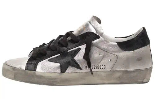 Golden Goose Super Star Low top Stylish Skateboarding Shoes Women's Silver Black Heel Tab Distressed