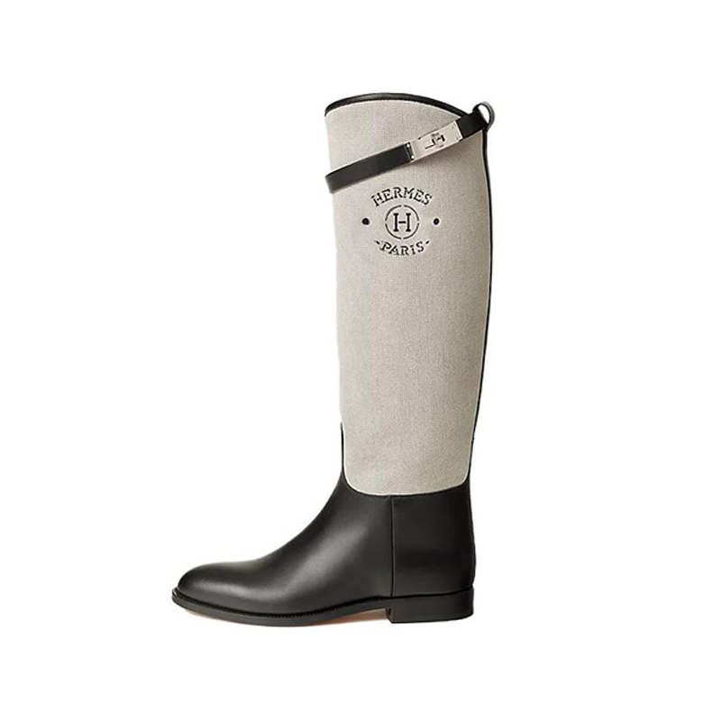 HERMES Jumping Leather Knee high Boots Women's Black Gray