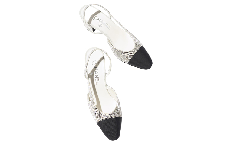 CHANEL Strass 65mm Slingbacks Silver Black Grosgrain Women's