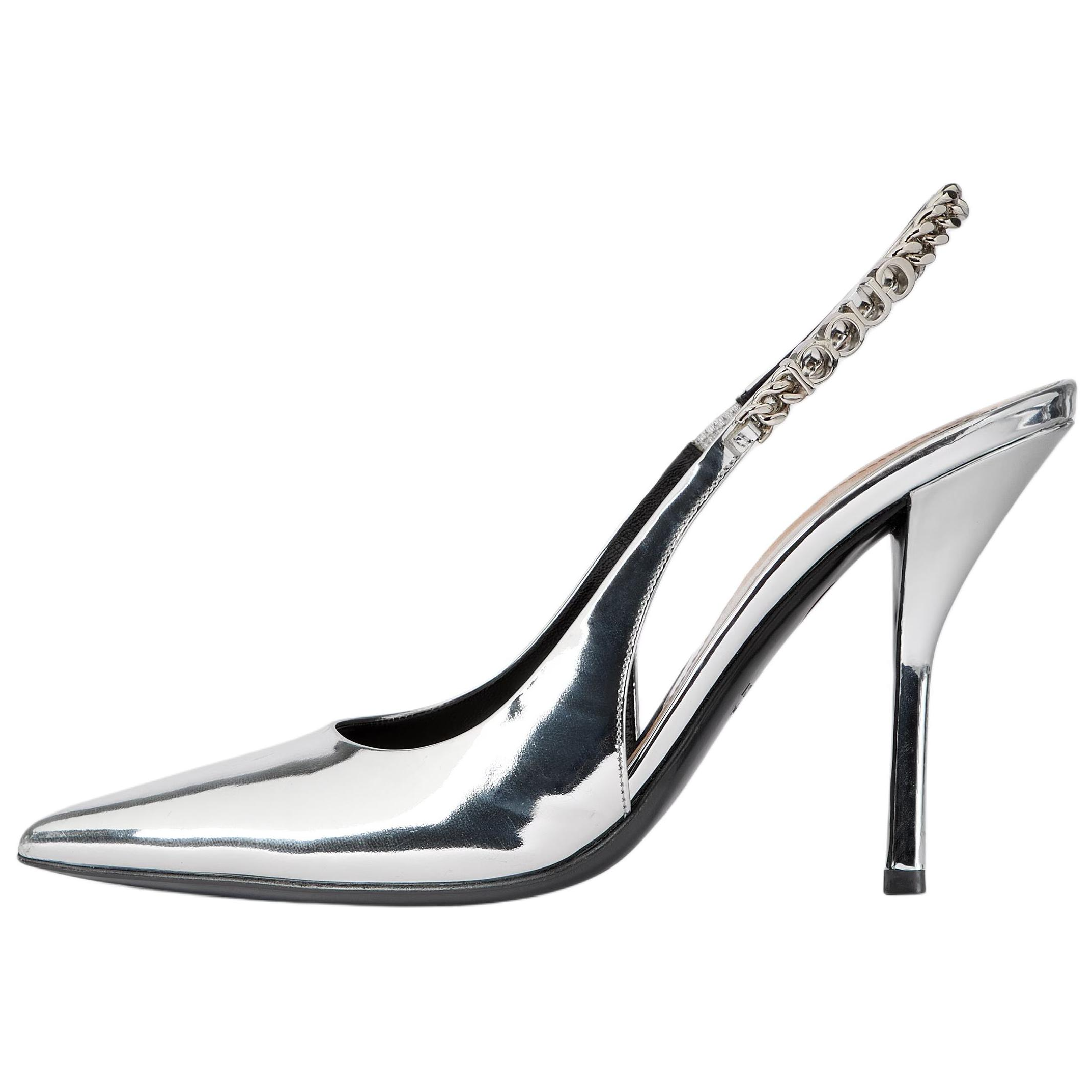 GUCCI Signoria Leather Slim Heel High Heels 10.4cm Women's Silver