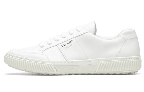 PRADA Cow Leather Lace Up Athletic Shoes Men's White