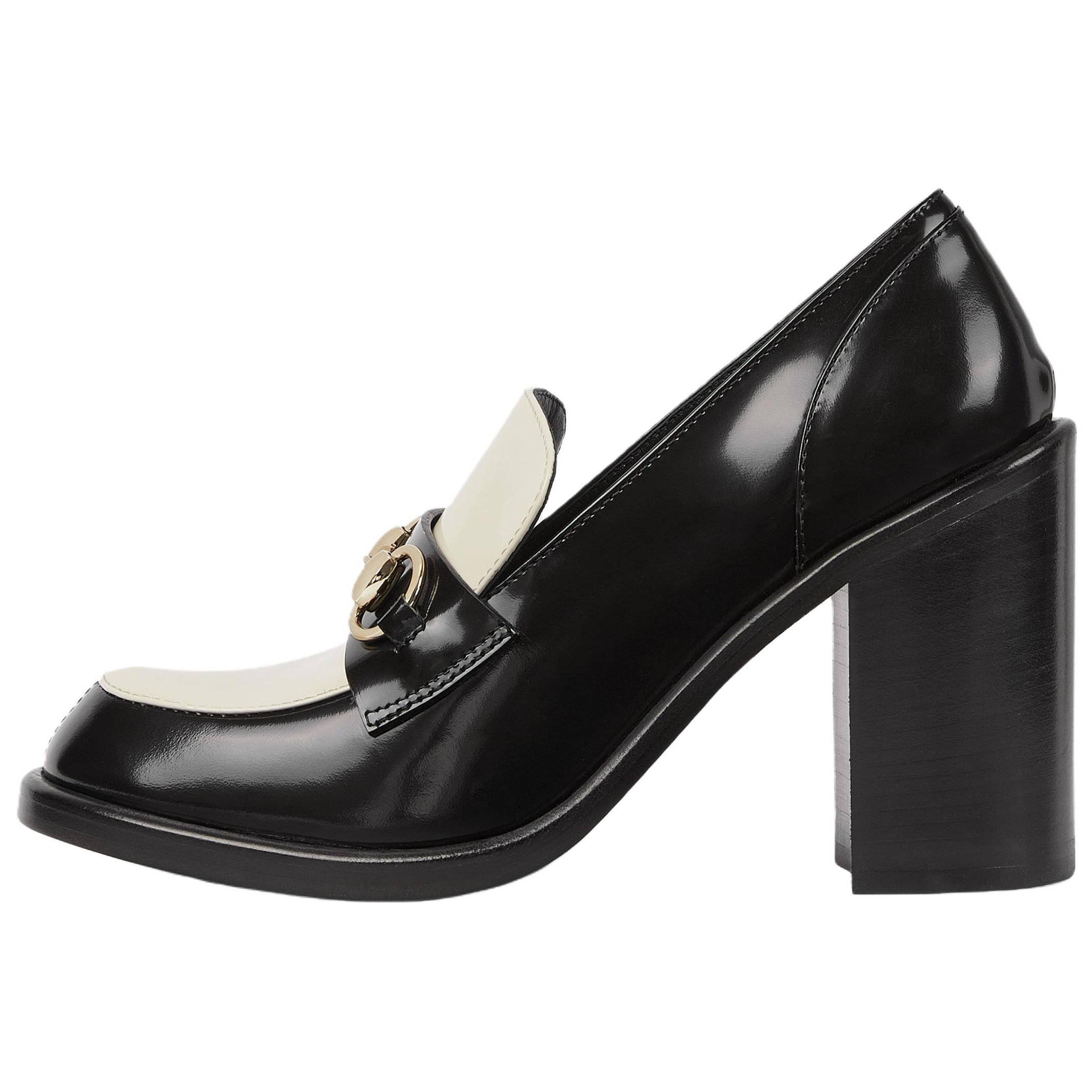 GUCCI Horsebit Patent Leather Chunky Heel High Heels 9.4cm Women's Black