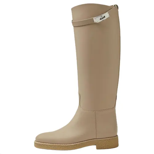HERMES Faustine Leather Knee high Boots Women's Beige