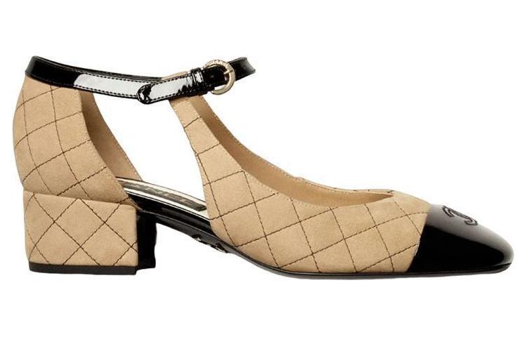 CHANEL Suede Chunky Heel Mary Jane Shoes Women's Beige