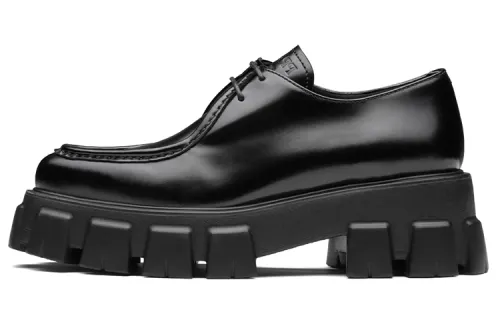 PRADA Monolith 55mm Pointy Lace Up Loafer Black Brushed Leather Women's