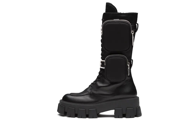 PRADA Monolith Top Grain Cow Leather Crew Combat Boots Women's Black