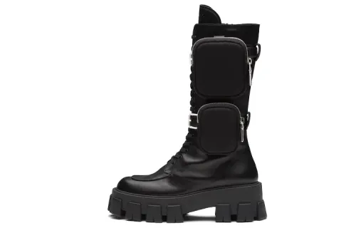 PRADA Monolith Top Grain Cow Leather Crew Combat Boots Women's Black