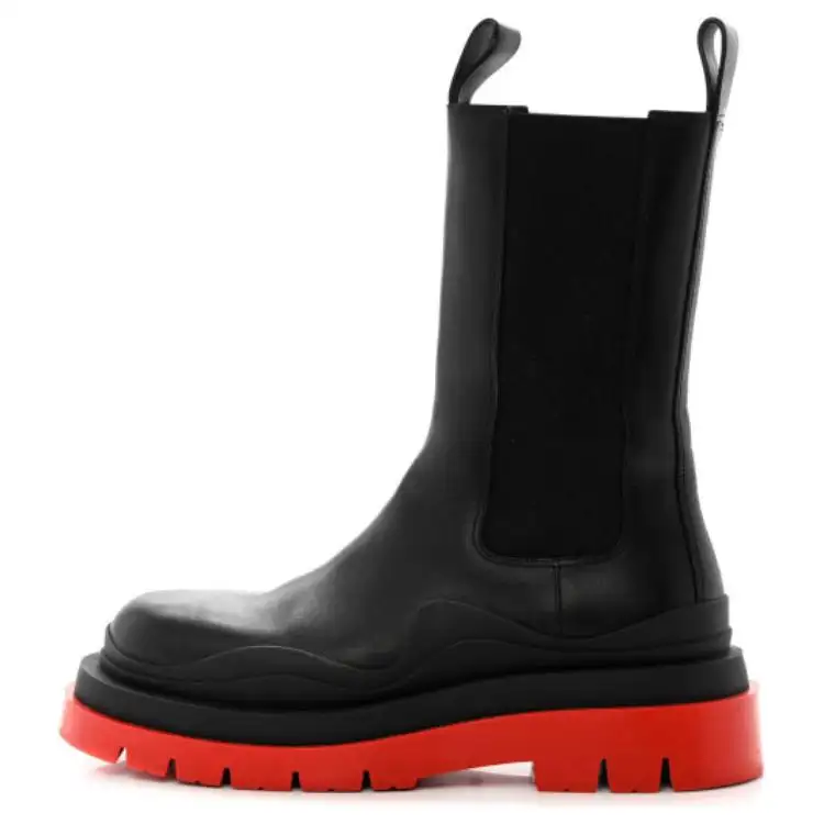 Bottega Veneta Tire Top Grain Cow Leather Crew Chelsea Boots Men's Black Red