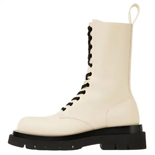 Bottega Veneta Lug Leather Lace Up Short Mid Calf Ankle Boots Women's Sea Salt Color