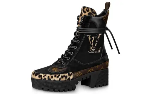 LOUIS VUITTON Laureate Top Grain Cow Leather Crew Combat Boots Women's Black