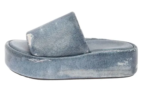 Balenciaga Rise Printed Leather Slippers Blue Women's