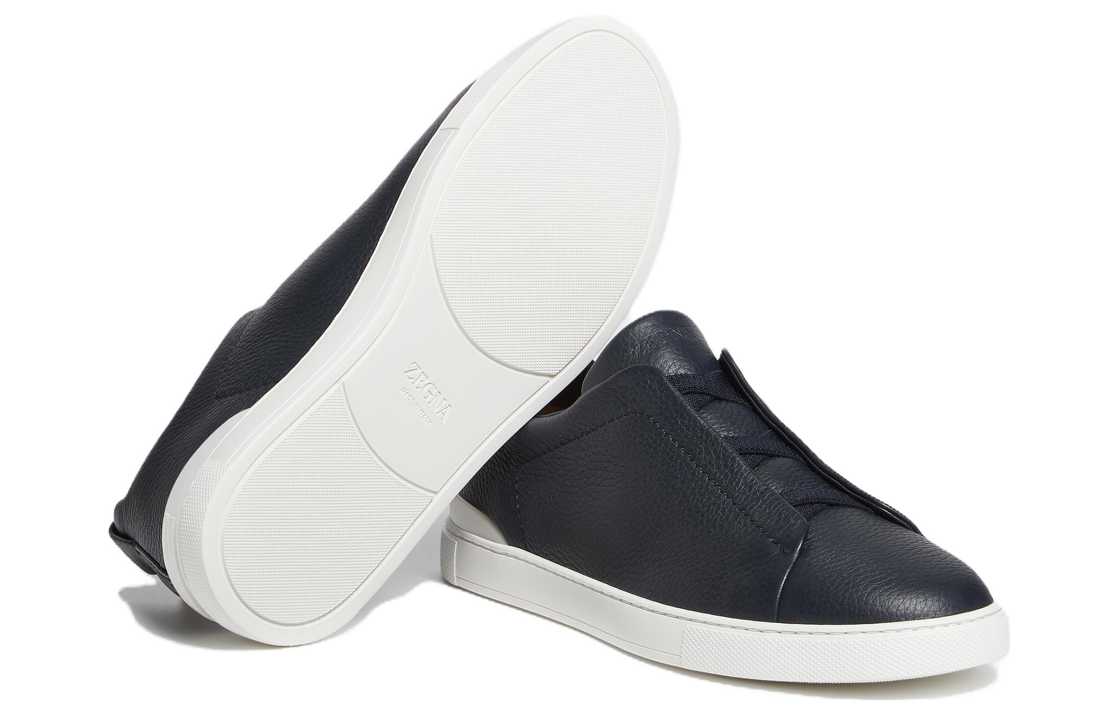 Ermenegildo Zegna Triple Stitch Leather Round Tip Low top Stylish Skateboarding Shoes Men's Marine Blue