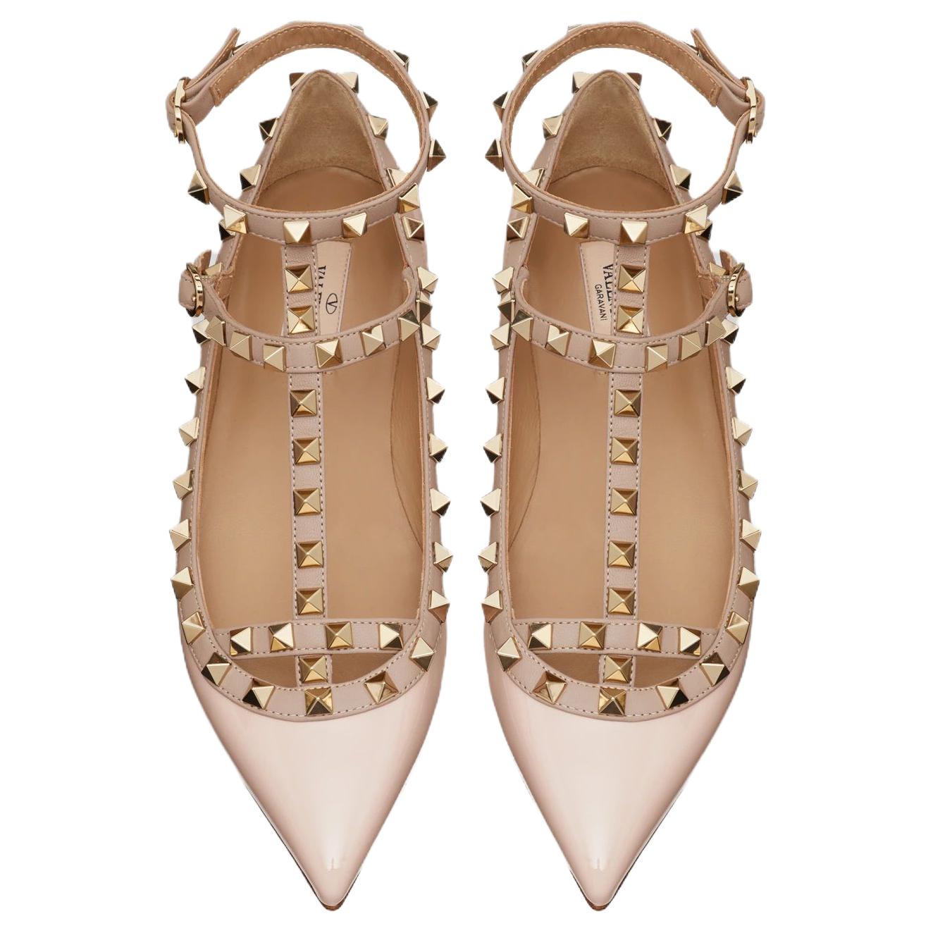 Valentino Rockstud Patent Leather Flat Shoes Women's Pink