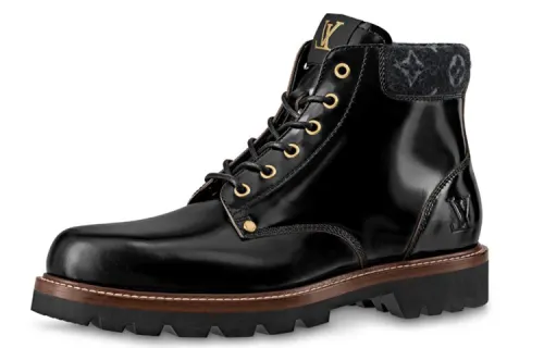 LOUIS VUITTON Oberkampf Top Grain Cow Leather Lacquered Finish Ankle Length Combat Boots Men's Black