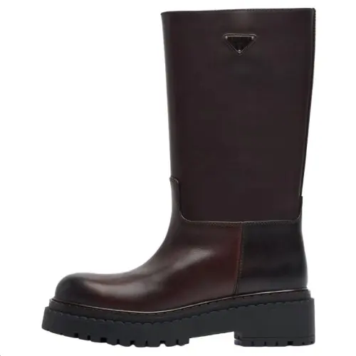 PRADA Logo Leather Knee high Boots Women's Brown