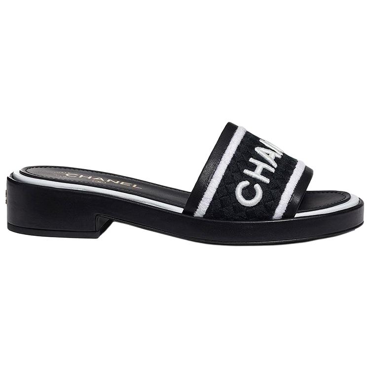 CHANEL Embroidery Slide Slippers Women's Black White