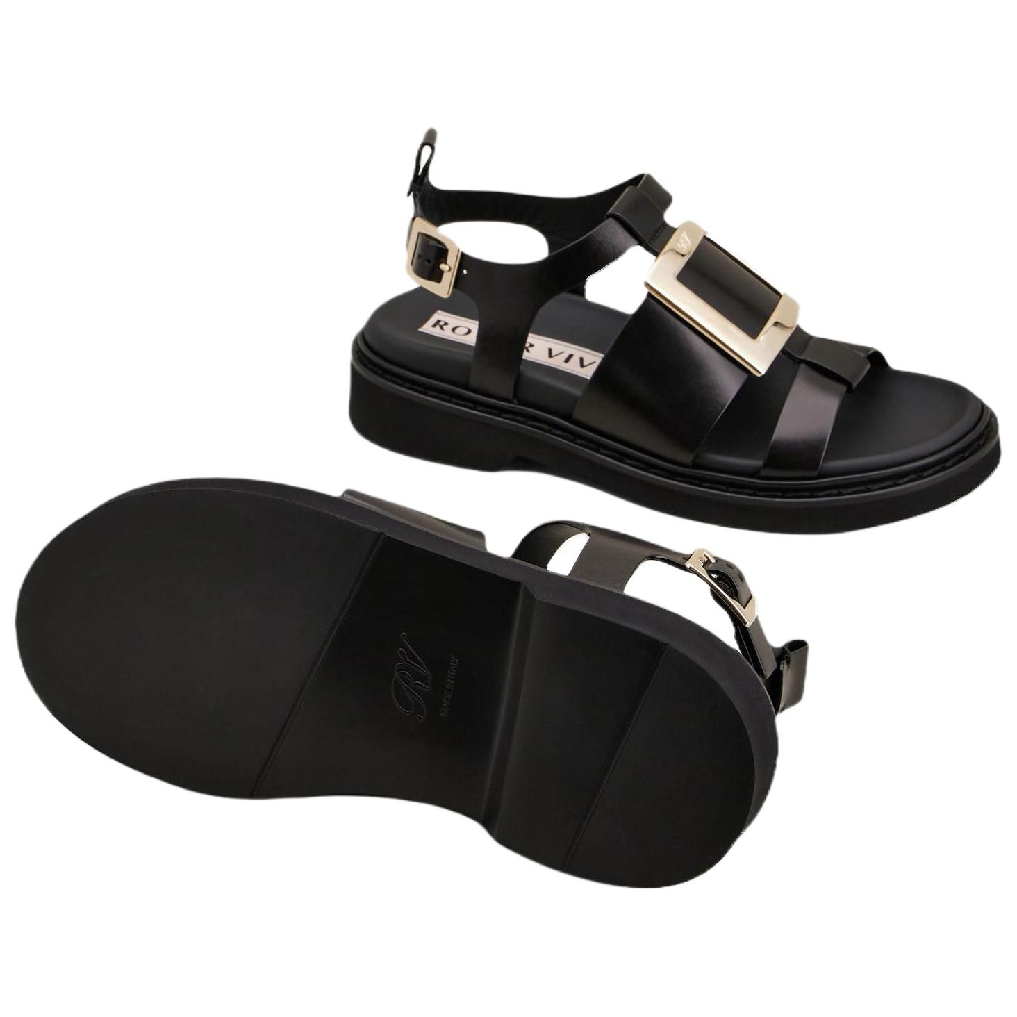 Roger Vivier Viv' Rangers Leather One Strap Sandals Women's Black