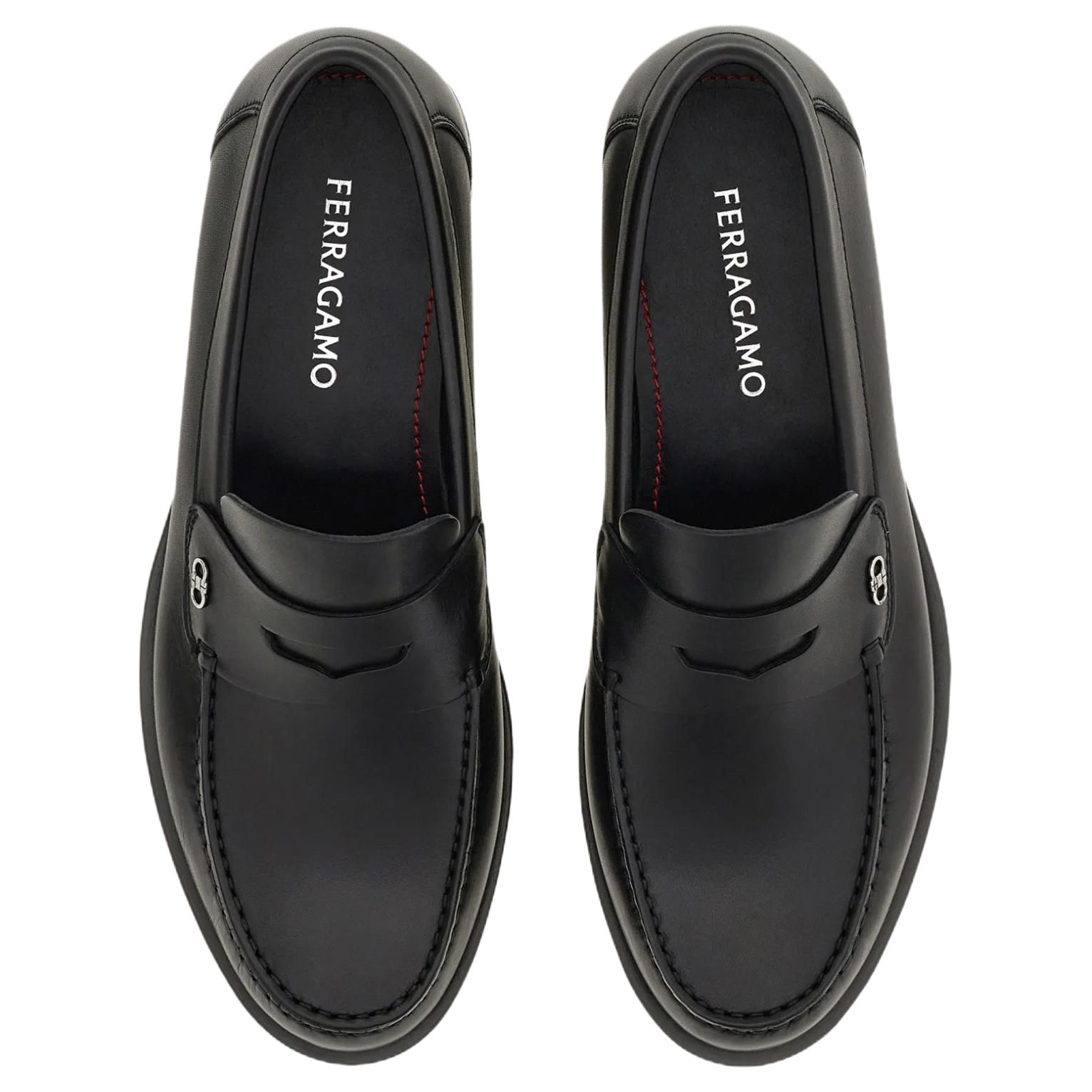 FERRAGAMO Gancini Cow Leather Loafers Men's Black