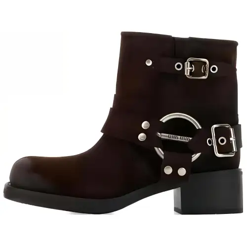 MIU MIU Miu Miu leather suede round toe buckle boots for women black