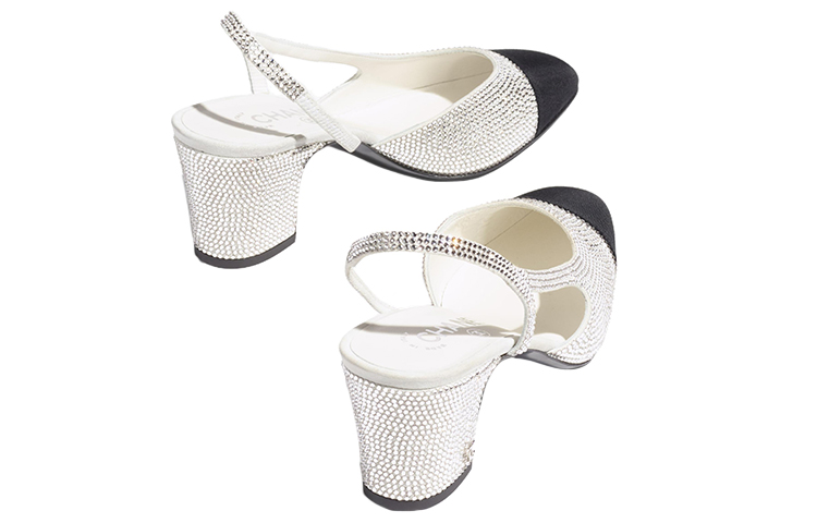 CHANEL Strass 65mm Slingbacks Silver Black Grosgrain Women's