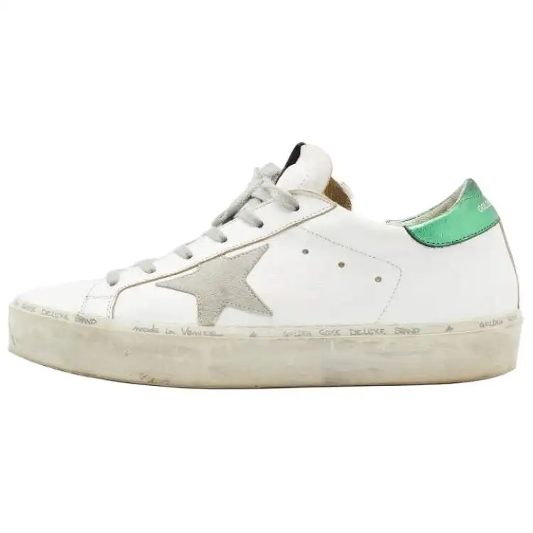 Golden Goose Hi Star Leather Lace Up Stylish Skateboarding Shoes Men's White Green Distressed
