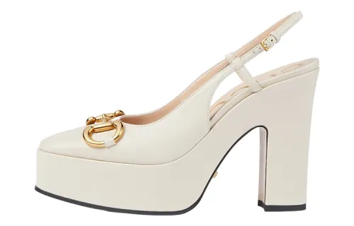 GUCCI Horsebit Leather Horsebit Chunky Heel High Heels Women's White