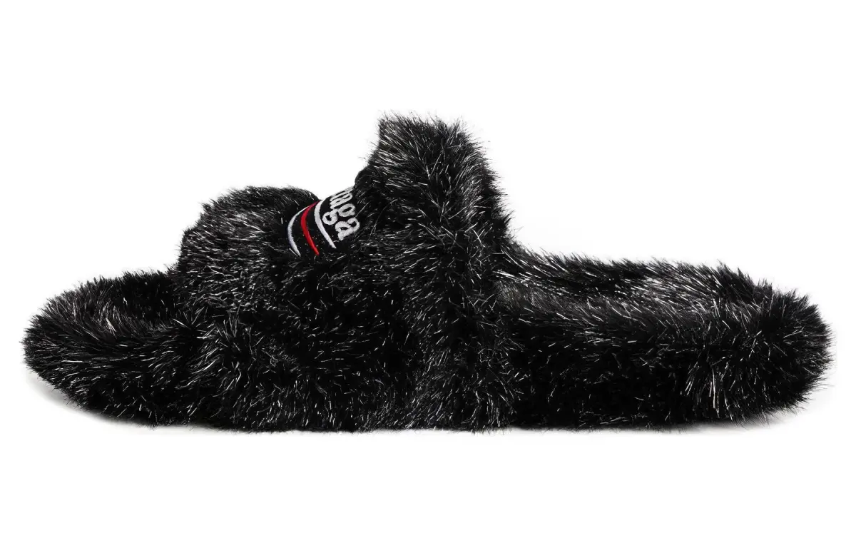 Balenciaga Logo Embroidered Faux Fur Slides Women's