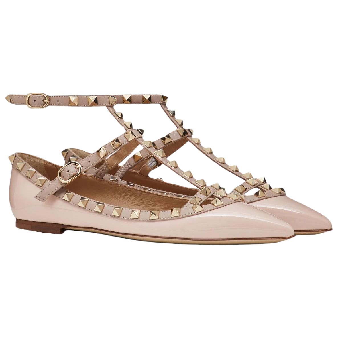 Valentino Rockstud Patent Leather Flat Shoes Women's Pink