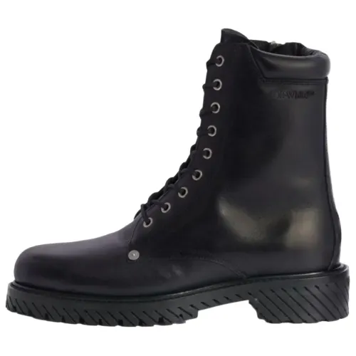 OFF WHITE Logo Debossed Round Toe Combat Boots