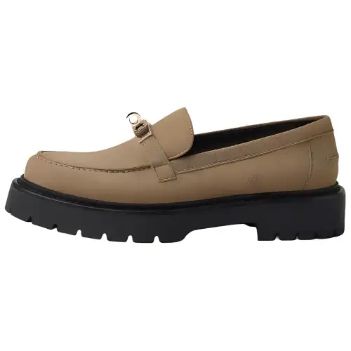 HERMES Hermès Icone Suede Round Toe Brass Kelly Buckle Loafers Women's Light Brown