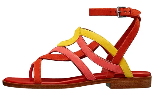 HERMES Cavalcadour Suede One Strap Sandals Women's Red Yellow