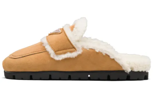 PRADA Leather Closed Toe Slippers Women's Cognac