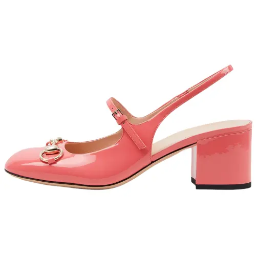 GUCCI Horsebit Patent Leather Chunky Heel High Heels 5CM Women's Pink