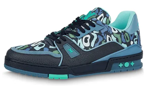 LOUIS VUITTON Trainer Leather Lace Up Low top Stylish Skateboarding Shoes Men's Camouflage Blue