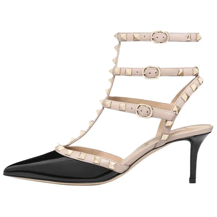 Valentino ROCKSTUD Patent Leather Slim Heel High Heels 6.5cm Women's Black