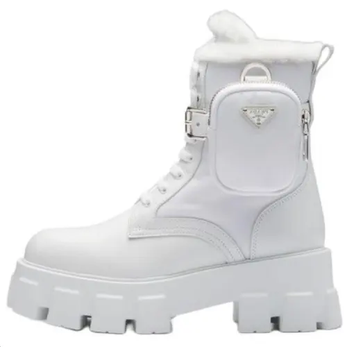 PRADA Monolith Leather Ankle Boots Women's White
