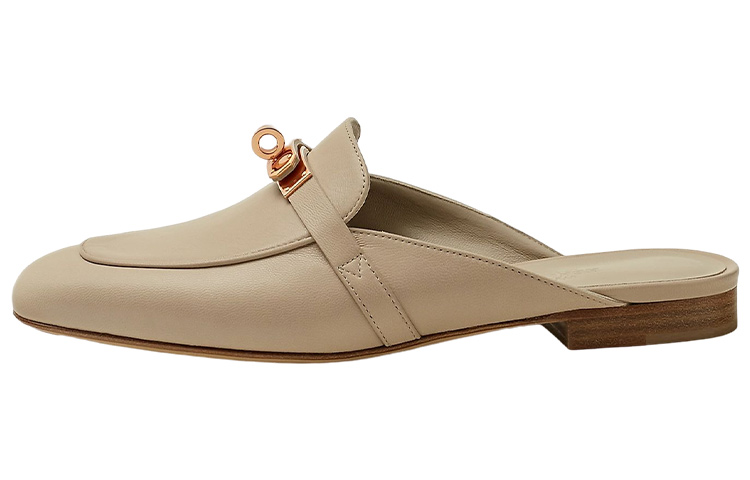 HERMES Hermès Oz calfskin round toe flat bottom fashionable toe slippers women's milk tea gray