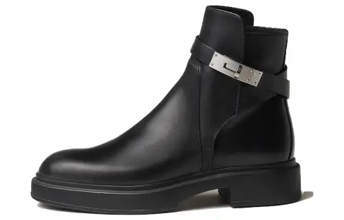 HERMES Cow Leather Ankle Boots Women's Black