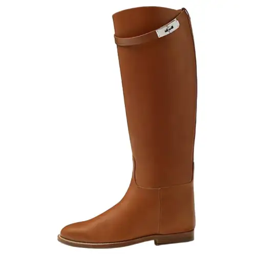 HERMES Jumping Leather Knee high Boots Women's Brown Asia Version