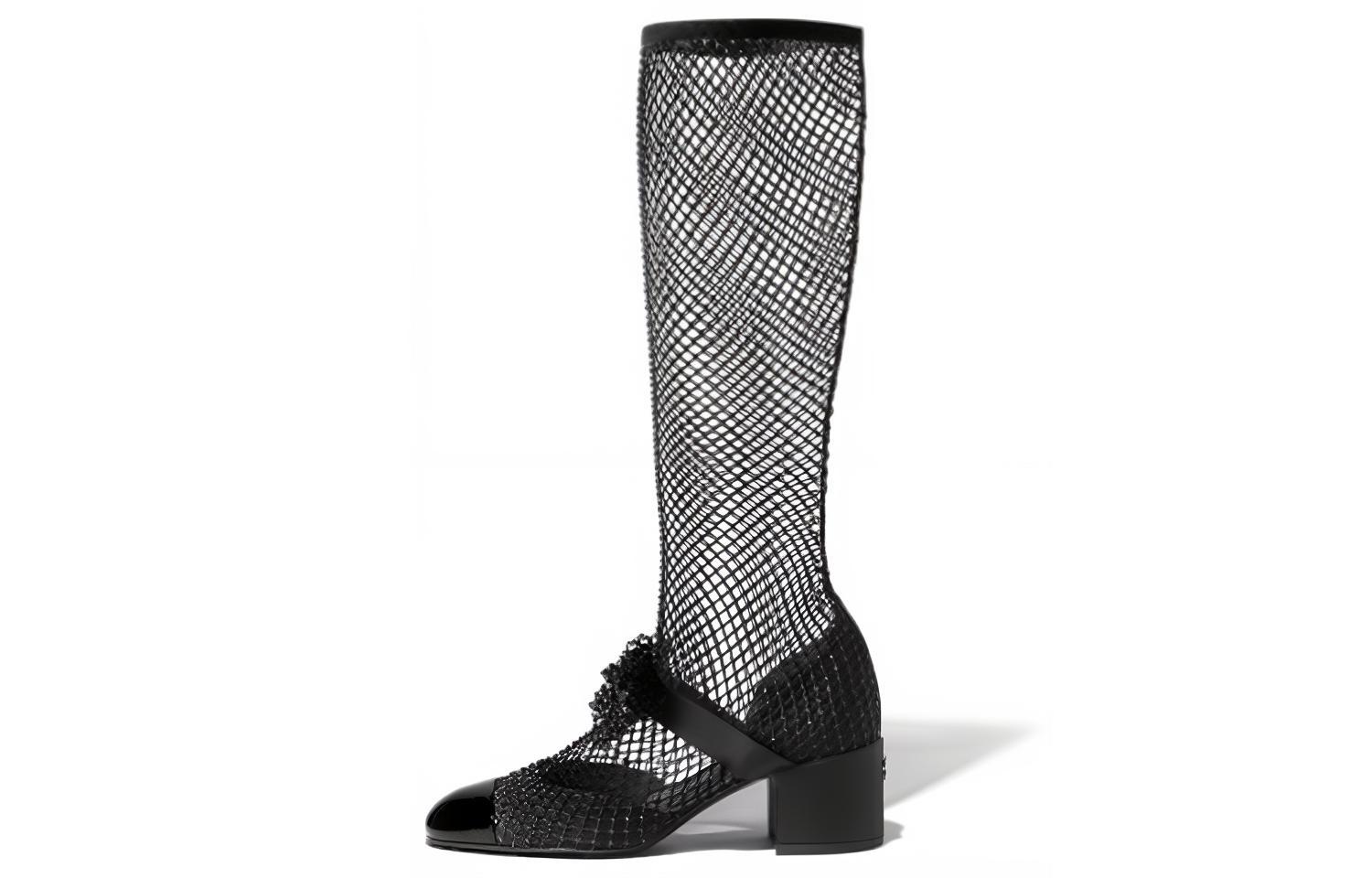 CHANEL Resille 55mm Knee High Mary Janes Black Patent Calfskin Women's