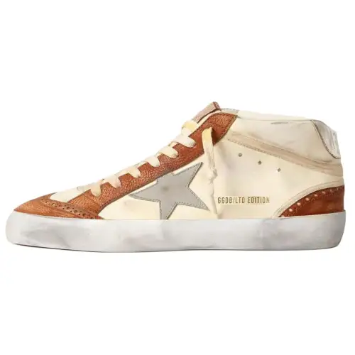 Golden Goose Mid Star Leather High top Skateboard Shoes Men's Beige Brown