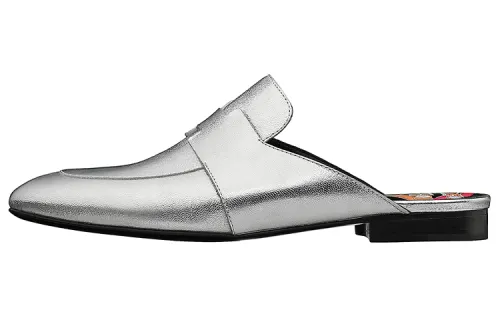 HERMES Catena Leather Casual Shoes Women's Silver Gray