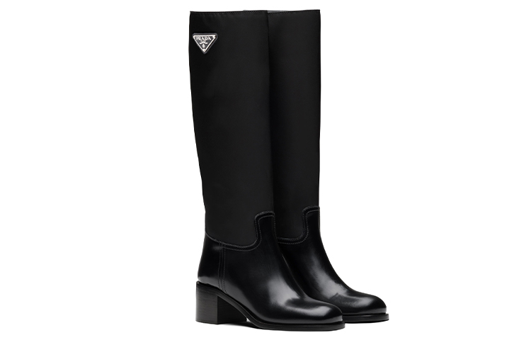PRADA Black Brushed Leather And Re nylon Knee Boots 'Black' Women's